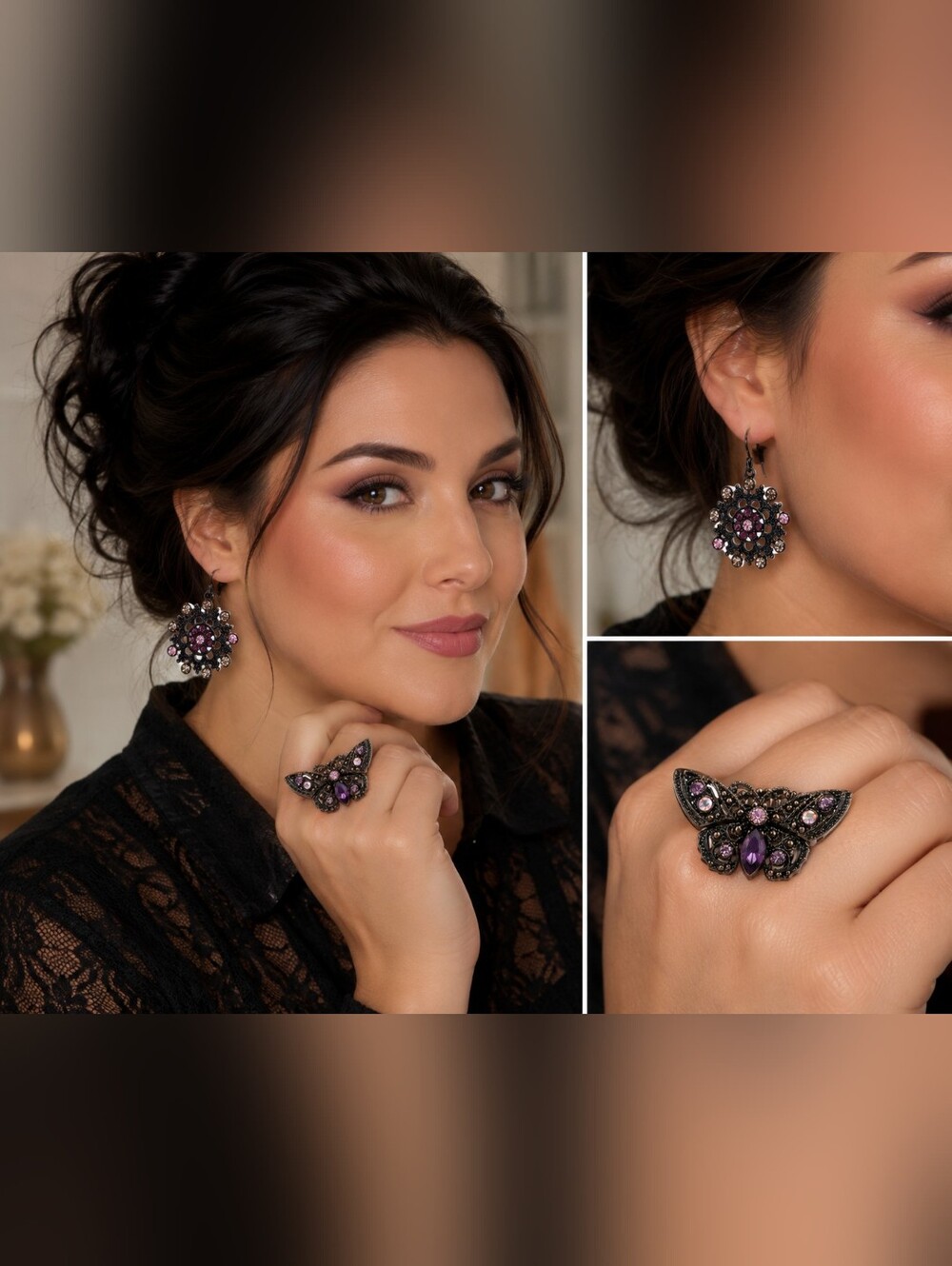 Butterfly Adjustable Ring & Pink Crystal Pierced Earrings Gothic Jewelry Set